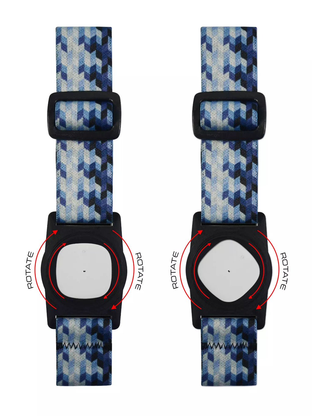 Simplera Sync Sensor Armband with Rotating Clip in Dia-Style graphic design, showcasing adjustable straps and sensor alignment feature.