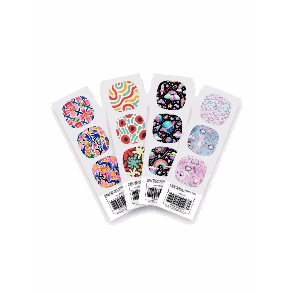 Medtronic Simplera CGM Stickers with vibrant playful motifs in various designs including Witchy, Cosmic Swirls, and Abstract Retro.