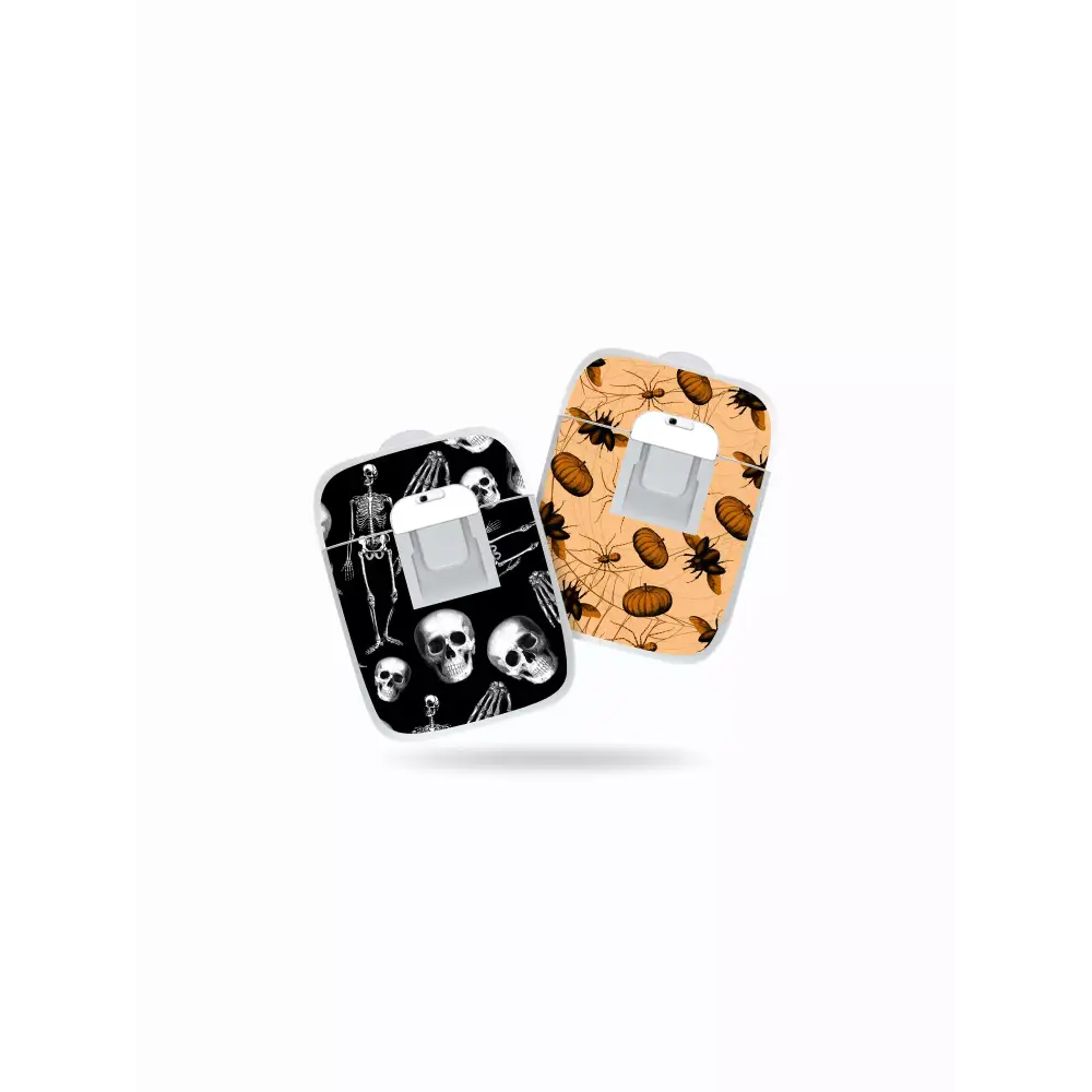 Medtrum Nano Pump Stickers - Set of 2 with creepy designs, including skeletons and skulls on a black background and spiders with pumpkins on an orange background.