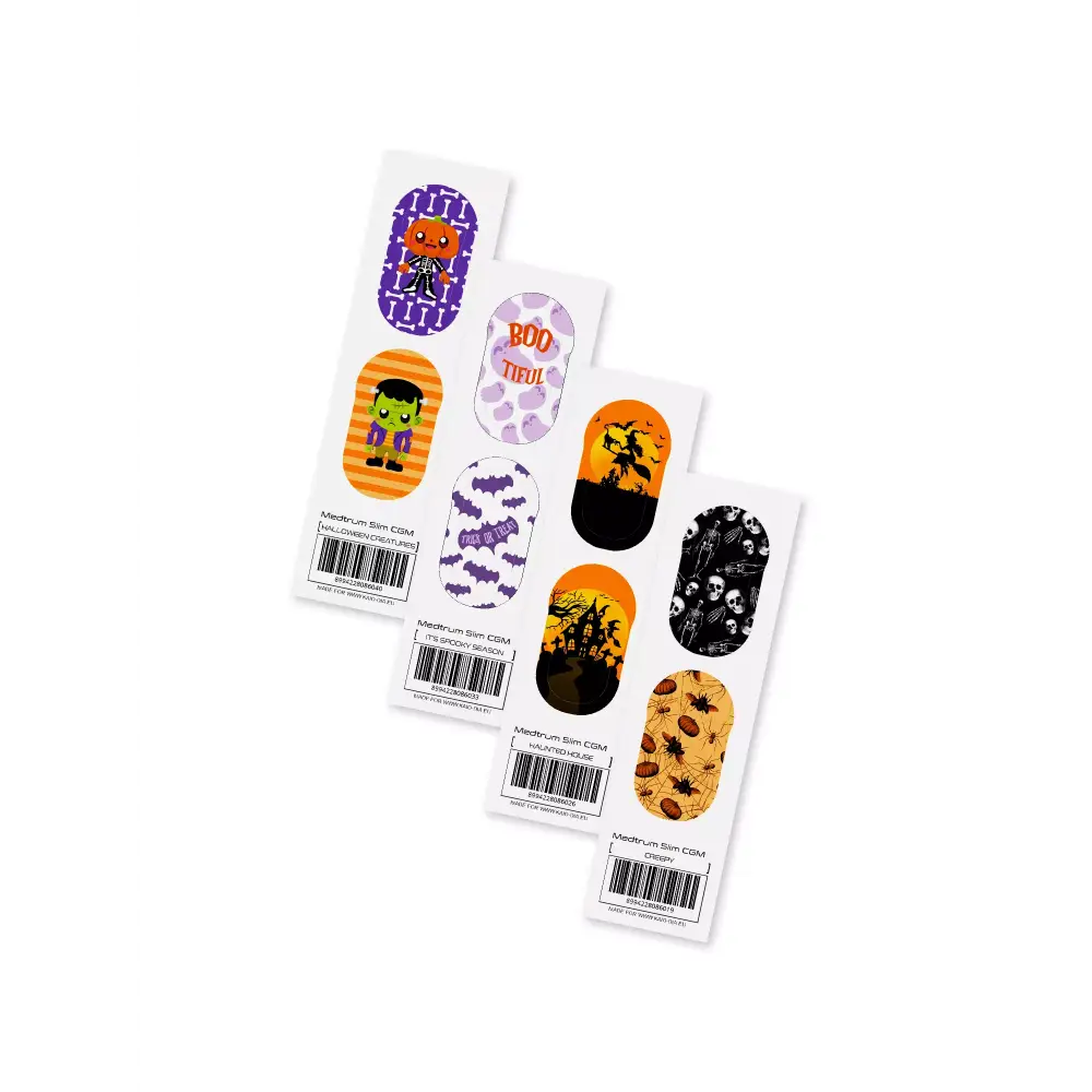 Medtrum Slim CGM Stickers Sheets - Assorted designs including 'Boo-tiful,' 'Trick or Treat,' Halloween creatures, and haunted house themes.