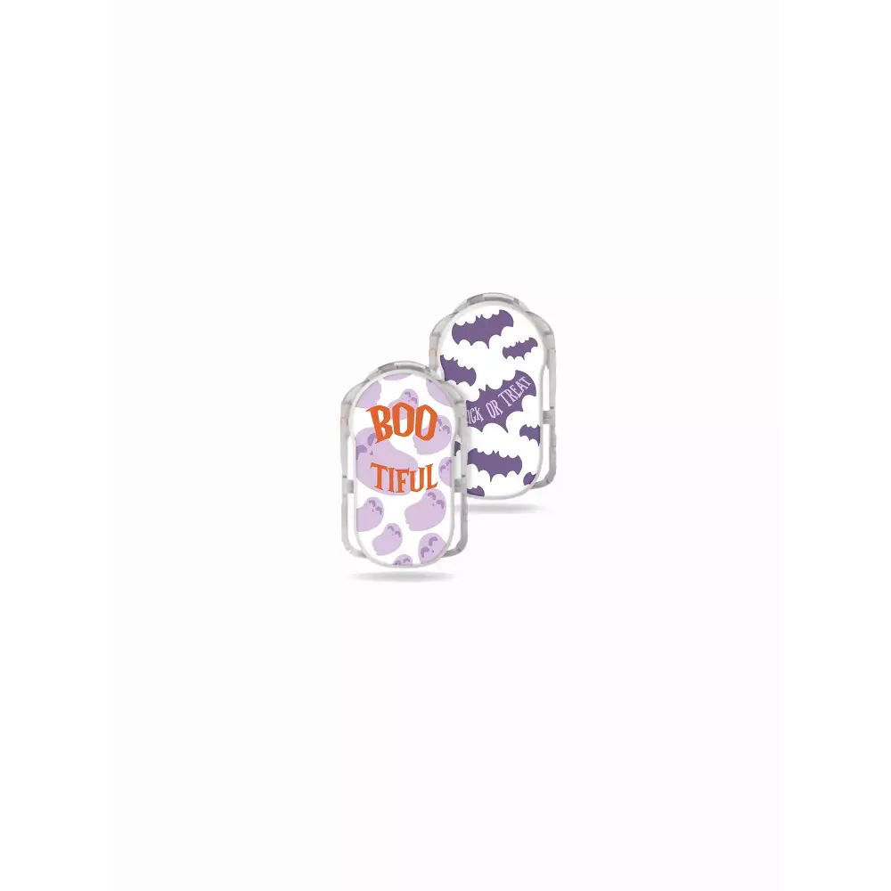 Medtrum Slim CGM Stickers - Set of 2 with 'Boo-tiful' and 'Trick or Treat' designs featuring ghosts and bats in purple and orange.