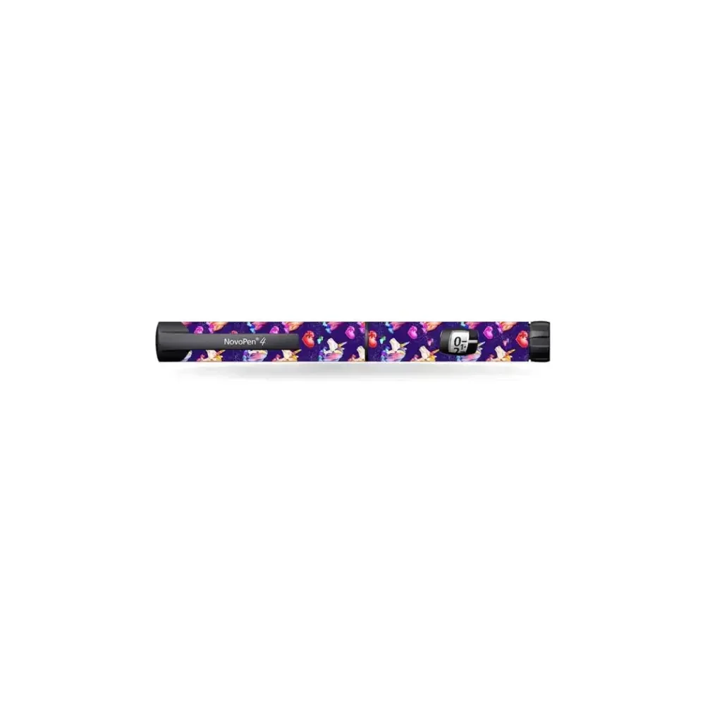 Novopen Echo insulin pen adorned with vibrant kids' series sticker featuring playful summer-themed designs.
