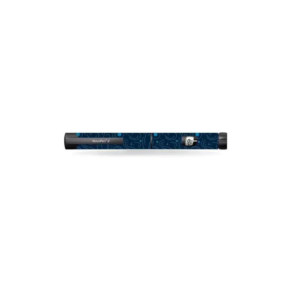 NovoPen 4 insulin pen decorated with a dark blue Summer Vibes sticker featuring abstract patterns, designed for Novopen Stickers collection