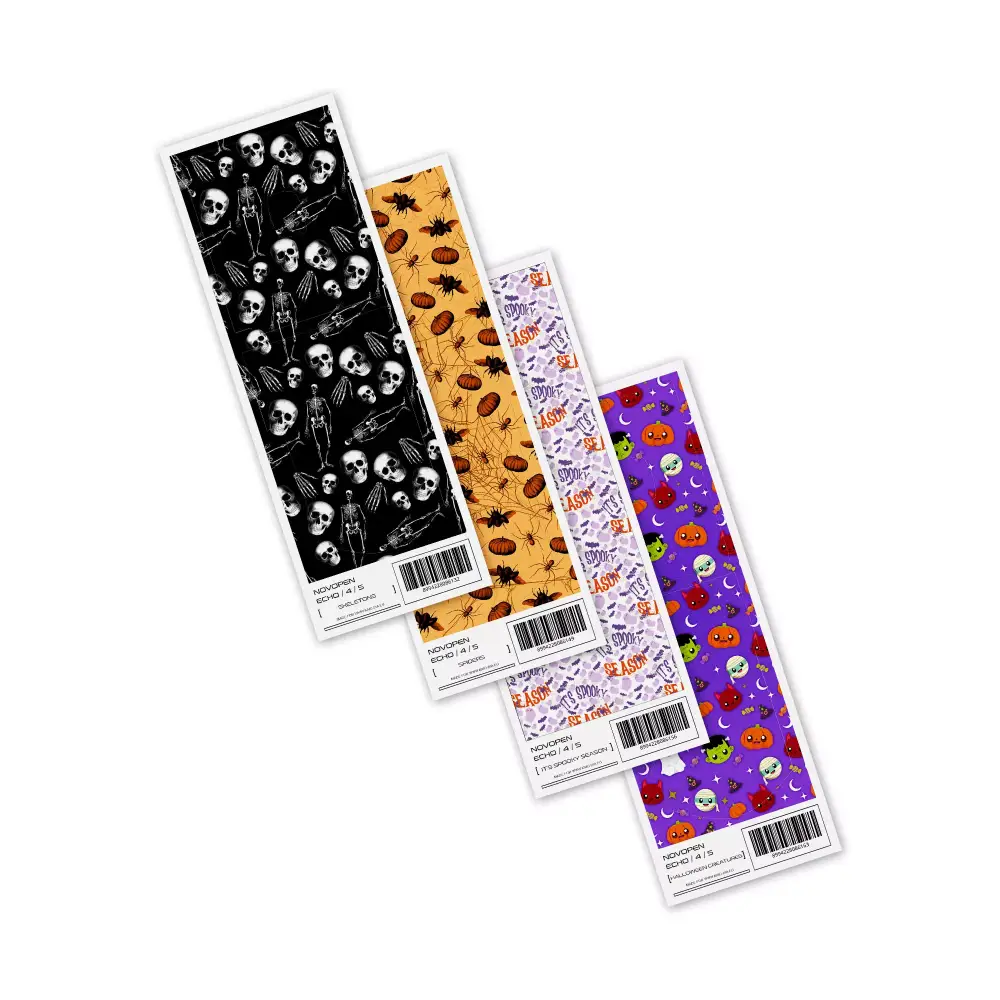 Novopen Echo Stickers - Assorted designs including Halloween creatures, 'It's Spooky Season' text with bats, and spider web patterns on colorful backgrounds.
