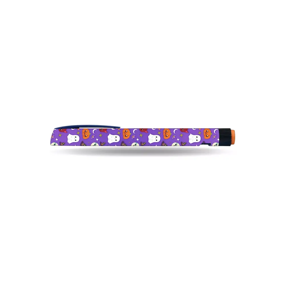 Novorapid Flexpen Stickers - Halloween creatures theme with cute characters like pumpkins, ghosts, and Frankenstein on a purple background.