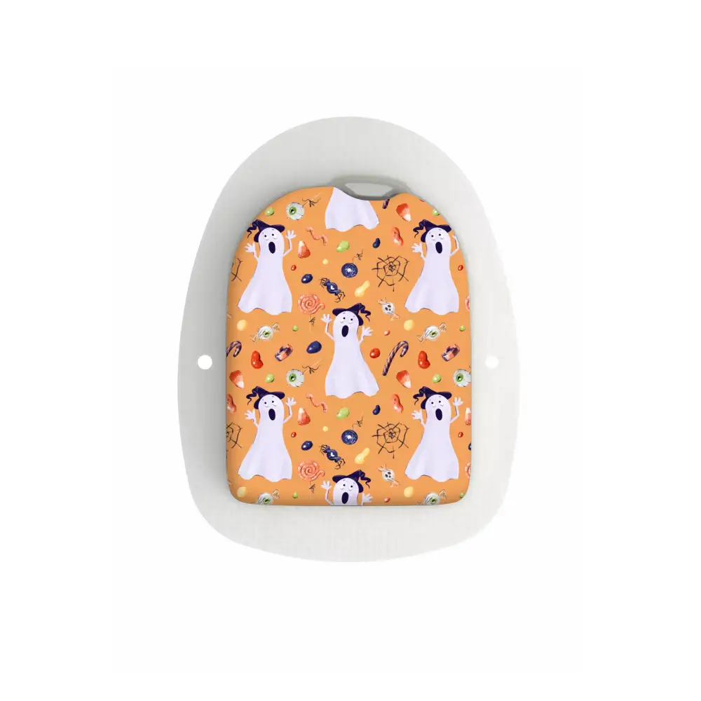 Omnipod insulin pump with Halloween-themed sticker featuring ghosts and candy.