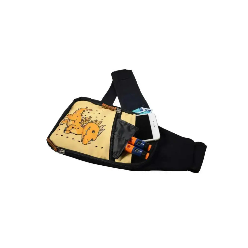 Children's shoulder bag with insulin cooling system and dinosaur print, designed to keep diabetes essentials safe and organized.