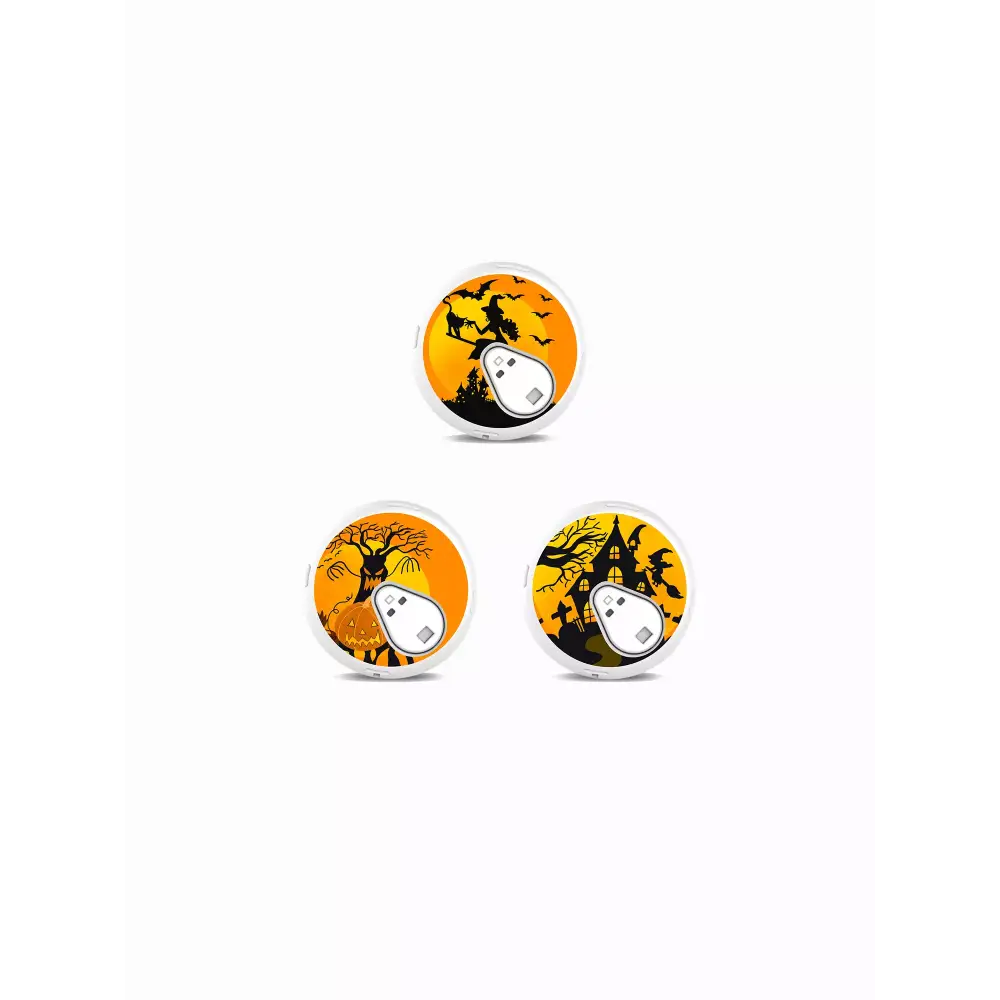 Haunted house themed Sinocare iCan i3 stickers with witch silhouettes, pumpkins, and spooky trees on an orange background.