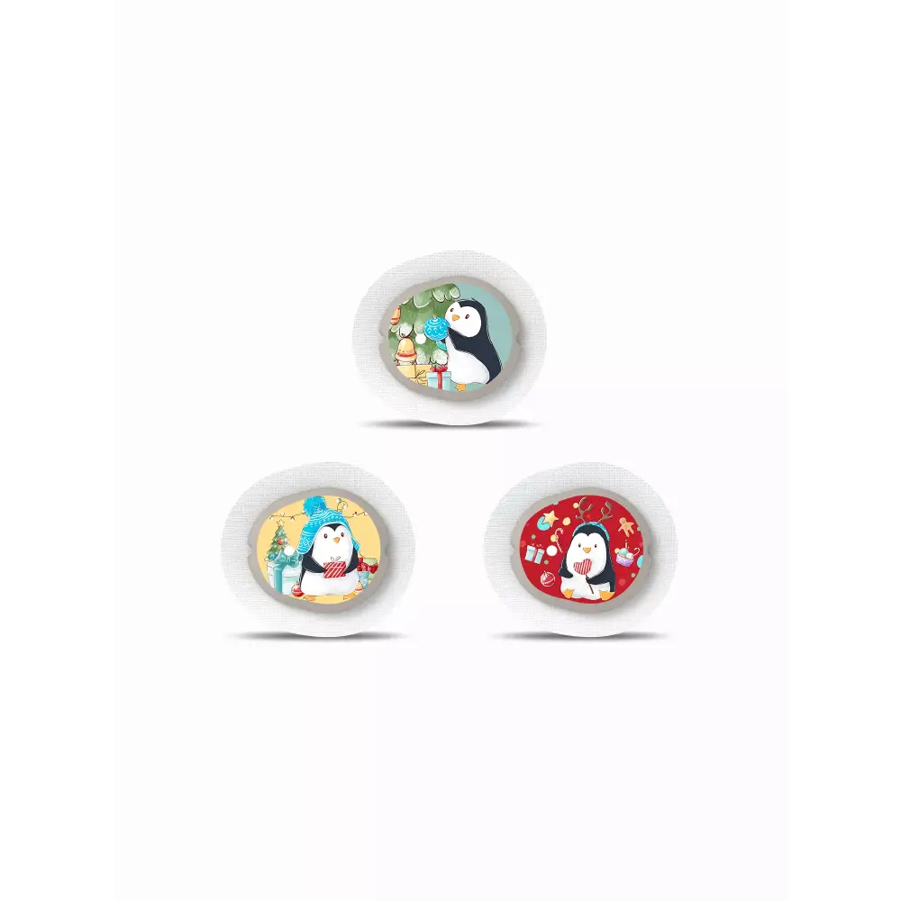 Christmas Edition Dexcom G7 CGM sensor stickers with festive penguin designs, set of three.