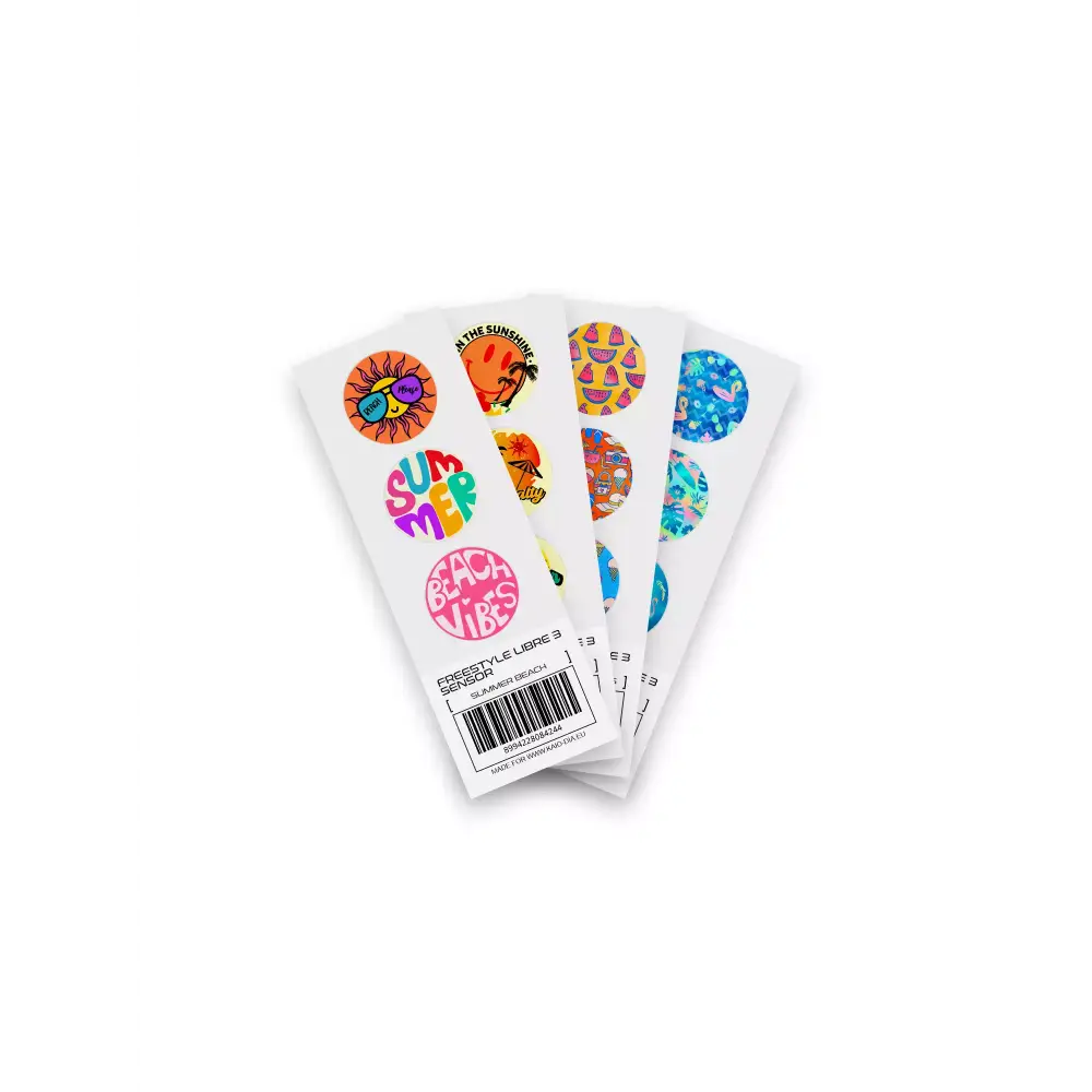 Colorful Freestyle Libre 3 stickers featuring summer-themed designs, including beach scenes and sea animals.