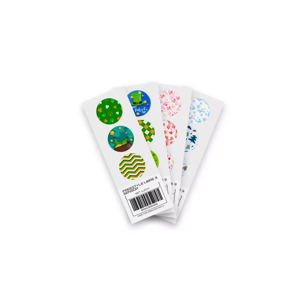 St. Patrick's Day Freestyle Libre 3 sensor stickers set with festive designs.