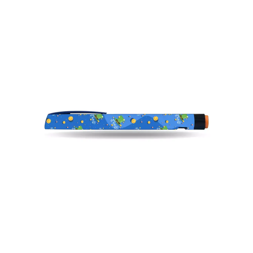 NovoRapid FlexPen insulin pen with St. Patrick's Day themed sticker.