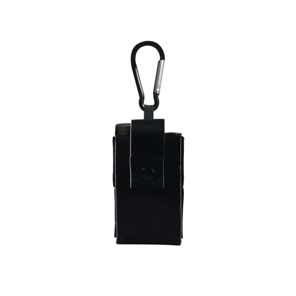 Compact black insulin pump pouch with carabiner for easy attachment.