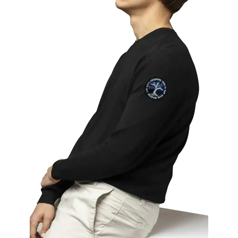 Viking-inspired Diabetes Awareness iron-on patch on black sweater.