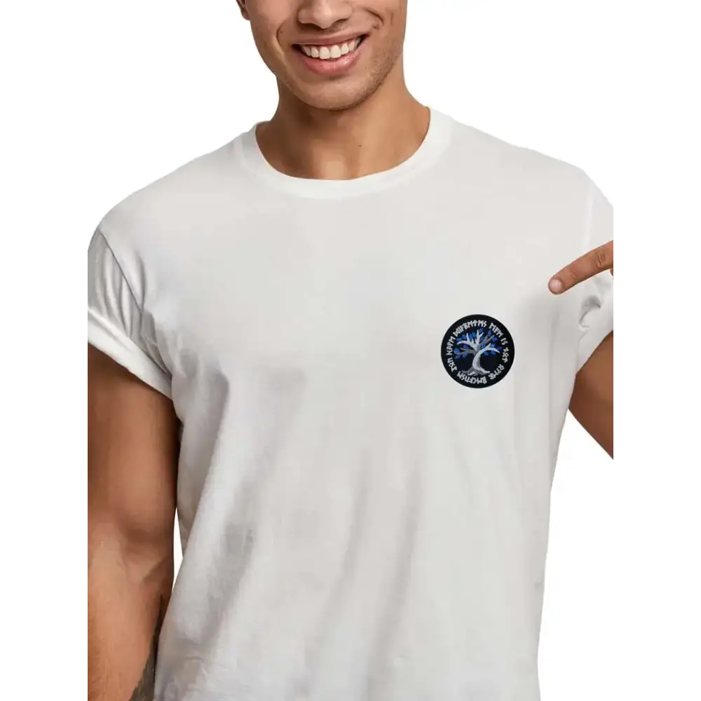 Viking-inspired diabetes awareness iron-on patch on white t-shirt.