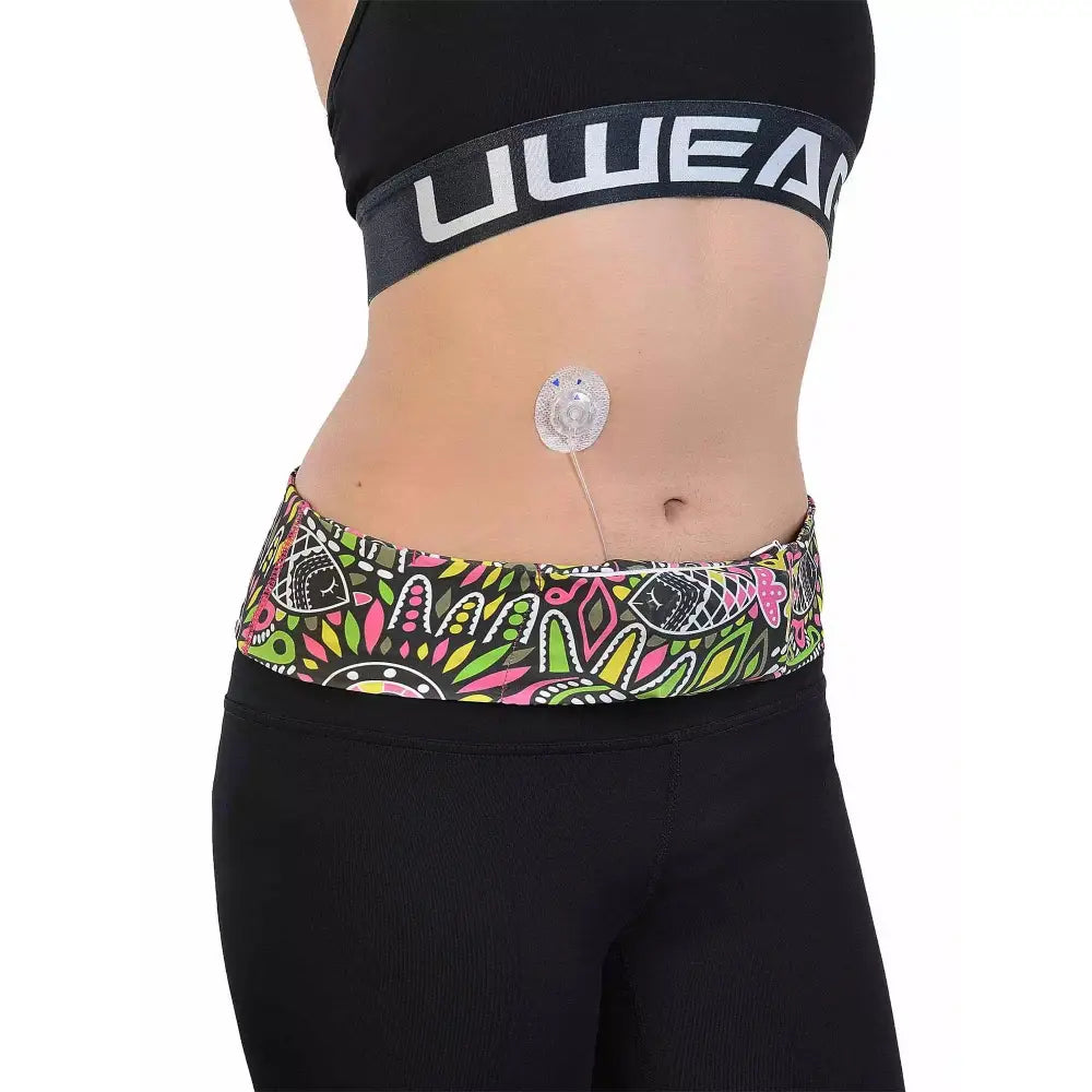 Colorful insulin pump waist belt for diabetics, securely holds pump, trendy prints, comfortable fit.