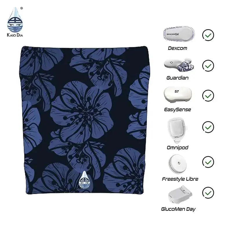 Stylish blood glucose sensor armband with midnight floral design, compatible with Freestyle Libre, Dexcom G6, and Omnipod, featuring breathable fabric.