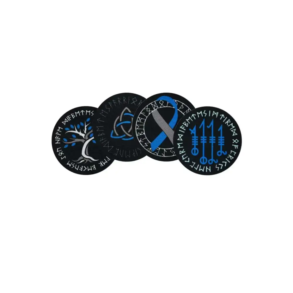 Viking diabetes awareness iron-on patches featuring symbols like the Triquerta, Vegvisir, and Tree of Life.