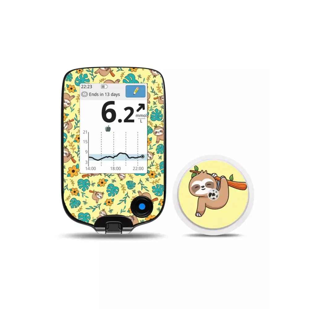 Freestyle Libre Reader and sensor with decorative sloth-themed vinyl stickers.