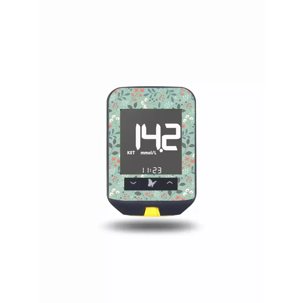 Freestyle Optium Neo glucose meter with spring floral decorative sticker and water-resistant design