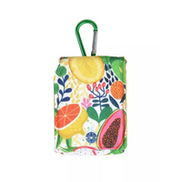 Insulin pump pouch for kids with colorful fruit design and green carabiner.