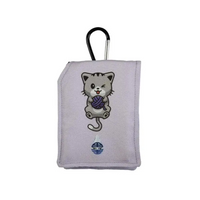 Insulin pump pouch for kids with cartoon design and carabiner attachment.