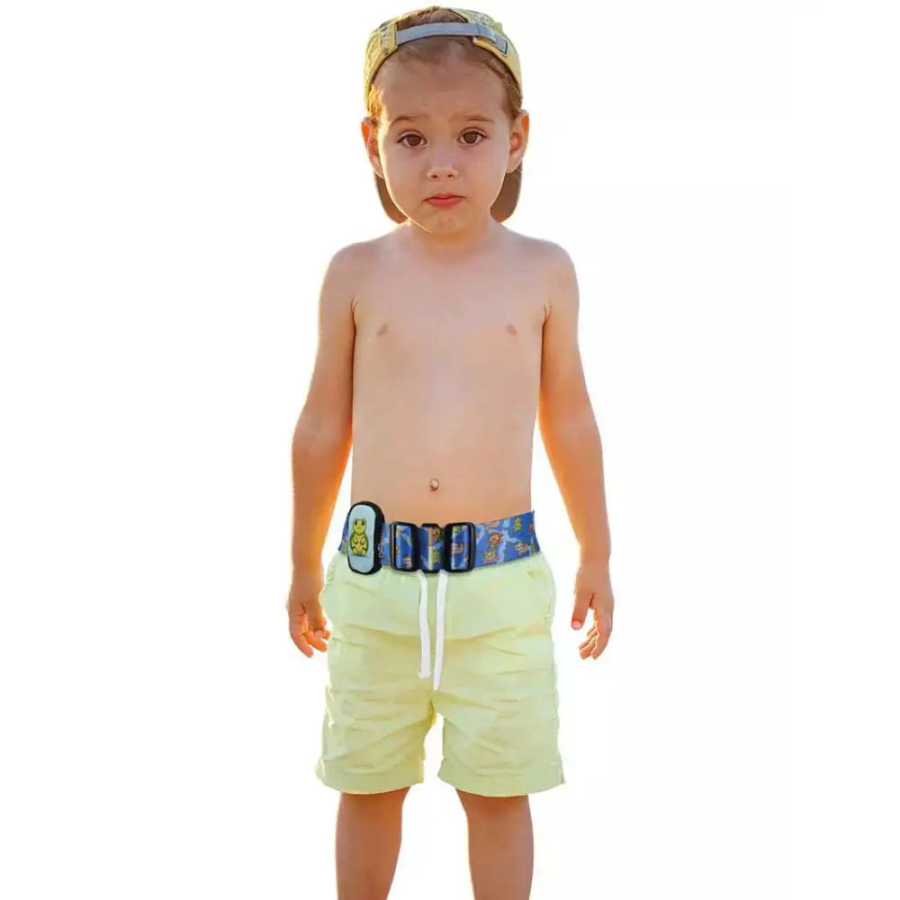 Multipurpose belt for diabetic kids with colorful design, worn by a child outdoors.