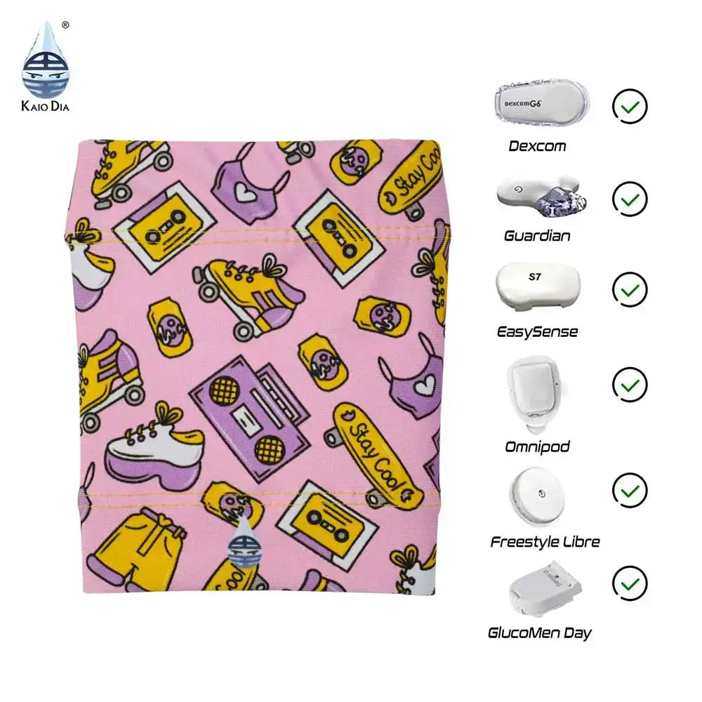 Protective armband for glucose sensor in pink with teenager-themed patterns, compatible with various diabetes devices including Dexcom, Guardian, Omnipod, and Freestyle Libre.