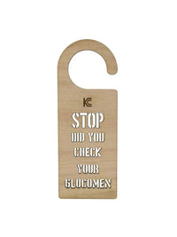 Door hanger for diabetics with "STOP! DID YOU CHECK YOUR GLUCOMEN" message.