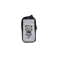 Kid-friendly vertical insulin pump case with cute cat print, includes Dia-Cool pack, fits belts.